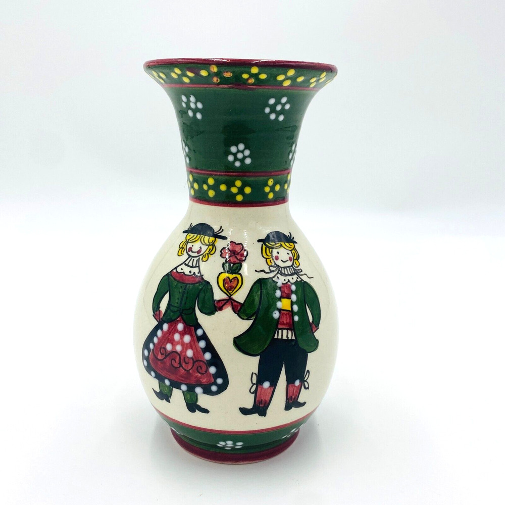 Handgemalt Porcelain Hand Painted Pottery Vase, Germany, Boy and Girl, Signed